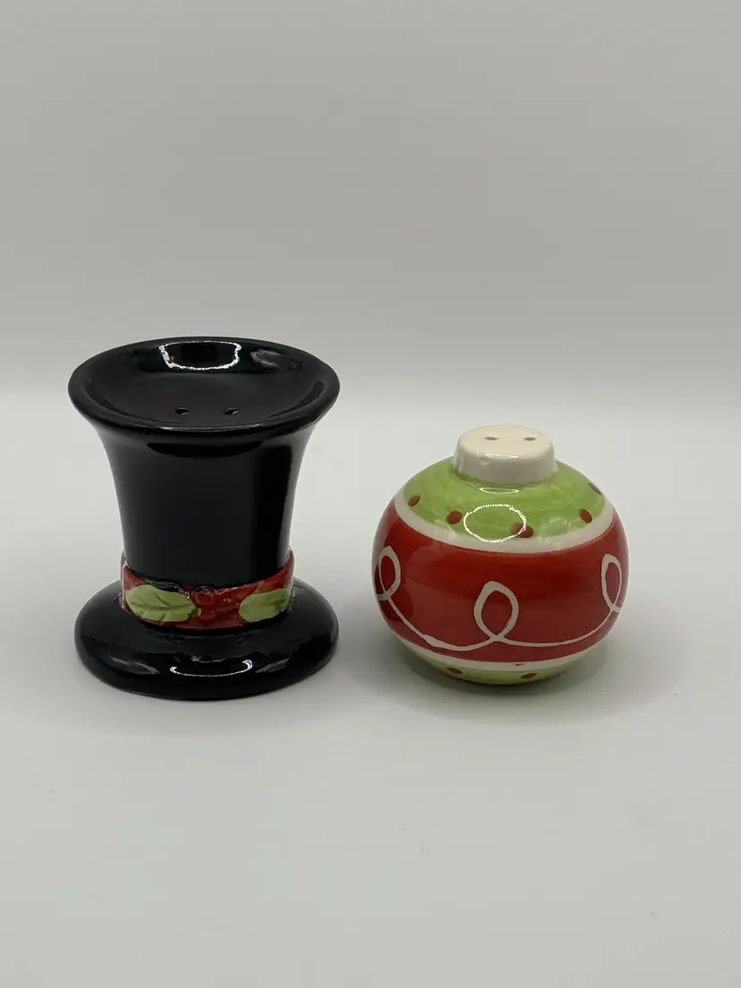 Vintage Festive Snowman Hat and Ornament Salt & Pepper Shakers, By Kirkland Signature Collection, Made In China