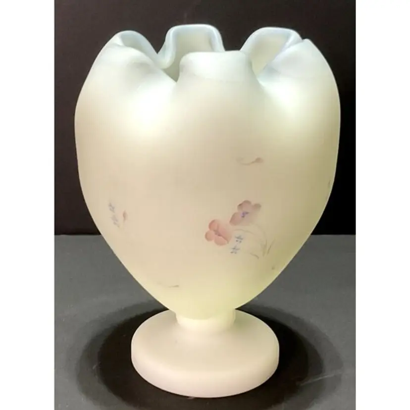 Vtg Fenton Burmese Glass Vase Signed Hand Painted Florals Rose Bowl Satin Glass