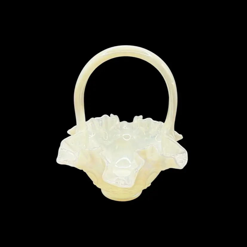 Fenton White Iridescent Opalescent Basket w/Basketweave Pattern Ruffled Edge