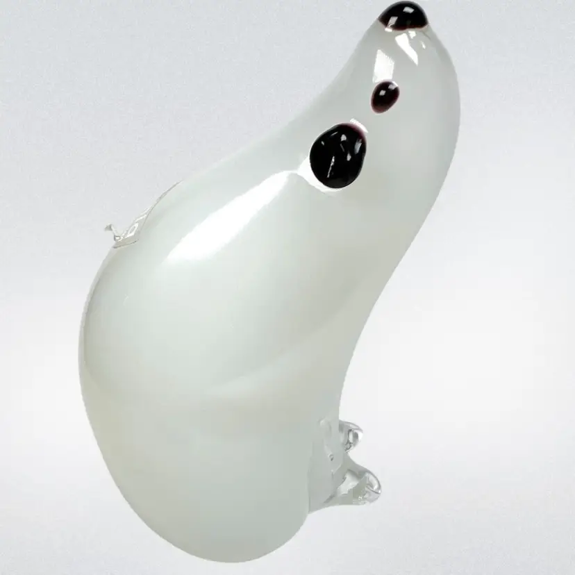 Murano White Polar Bear Italian Art Glass Figurine. Original Formia Sticker Label. Called “Orso Micro” 4-3/4” (12 cm) Tall.