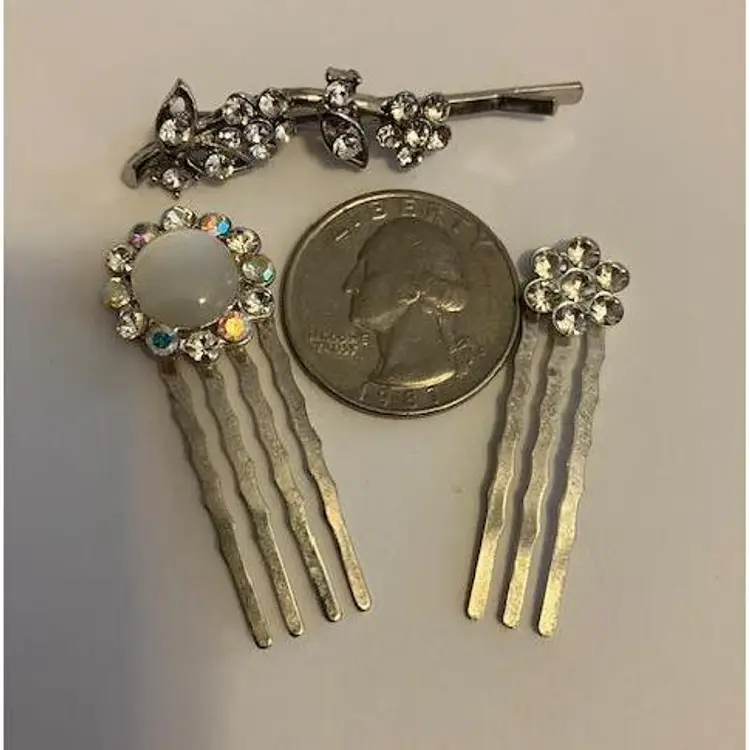 Three Silver Tone Rhinestone Hair Pins