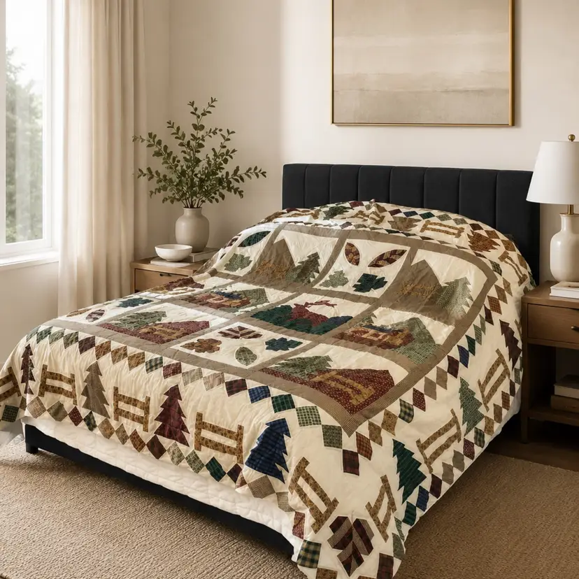 Mennonite HandMade Rustic Lodge Cabin Quilt Queen Pine Tree Patchwork Bedding 100% Cotton Quilt Queen King