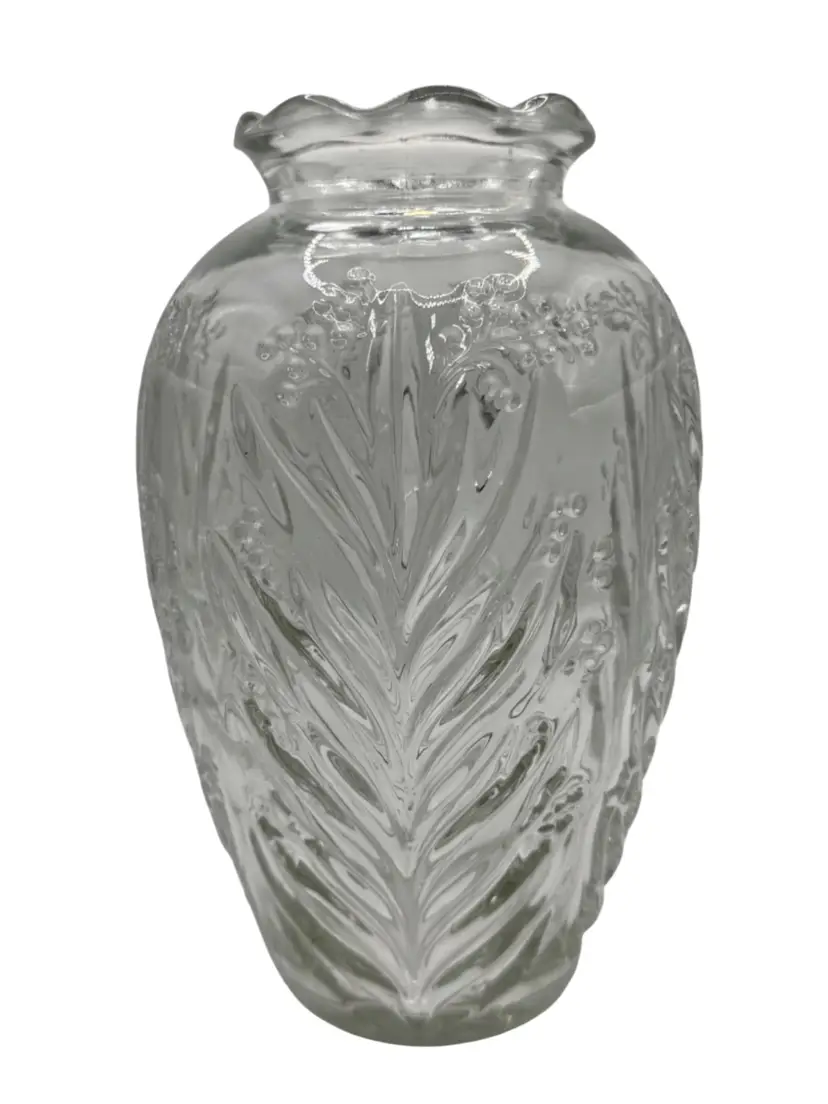 Vase Clear Press Glass Embossed  Garden Flower 8" Scalloped Rim Vintage