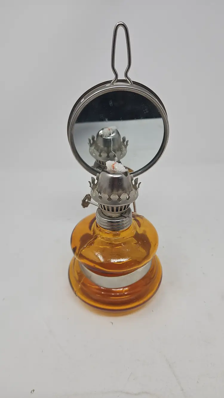 Vintage Miniature Oil Lamp - Amber Glass - Reflector - New Wick