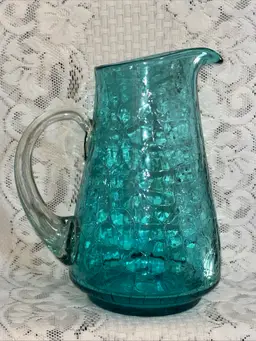 Large MCM Blue Crackle Glass 9.75 Inch Tall Pitcher Blown Glass Applied Handle