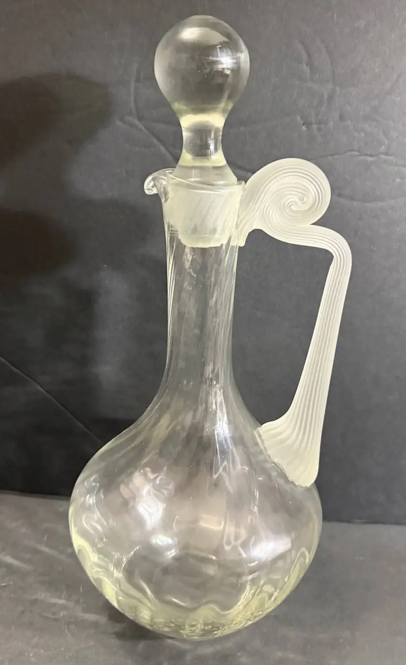 VTG Romanian Decanter Frosted Twist Swirl Handle Stems Crystal Clear