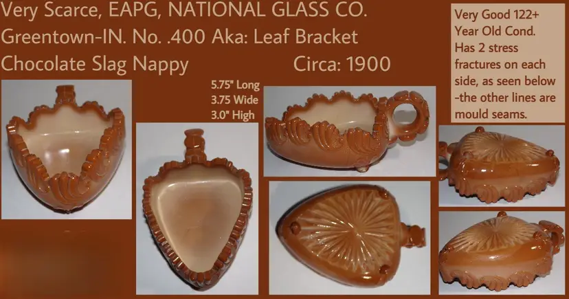 EAPG Greentown Chocolate Slag Nappy No. 400 aka: Leaf Bracket c1900