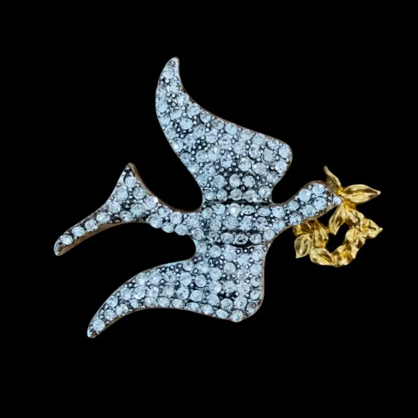 Vintage signed Monet Dove Brooch. Gold and Silver Tone Metal. Rhinestones. 2.25”