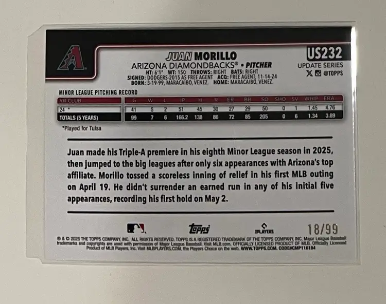 Juan Morillo RC Topps Green Rainbow Foil /99 Arizona Diamondbacks
