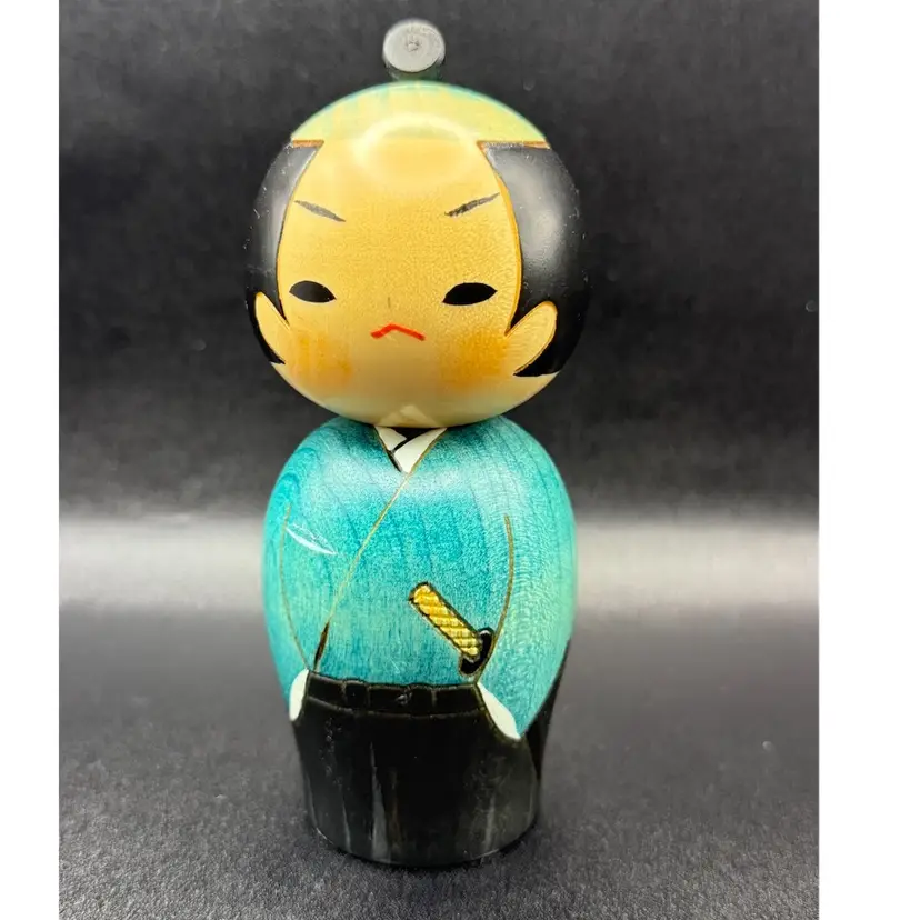Japanese Kokeshi Doll Samurai Boy Folk Art Wooden Figurine Woddy Craft