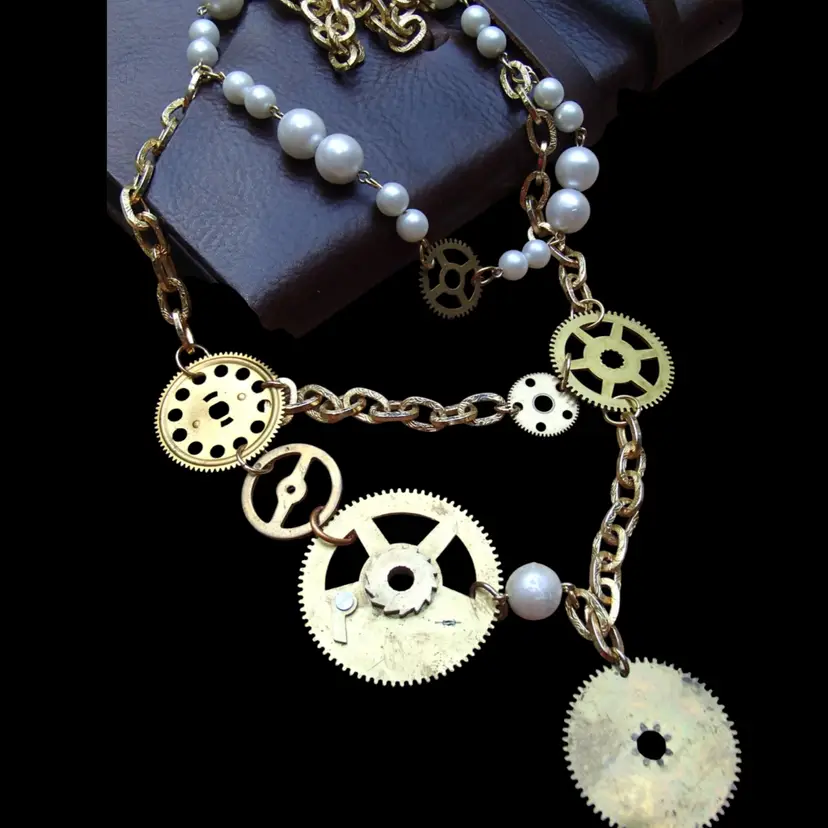 Steampunk Necklace. Brass Gears. Vintage Beads. Stunning Large Gears & White Beads. 17" Drop Length. Handmade. Upcycled. Recycled.