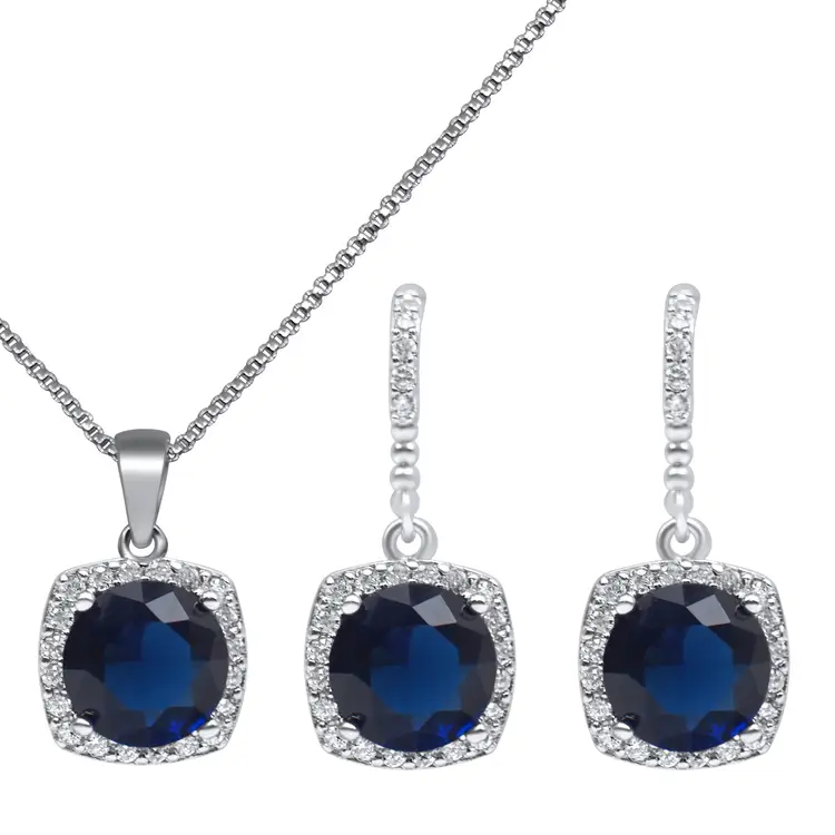 Blue Sapphire Halo Pendant & Earring Set Sterling Silver Tone Necklace Gift