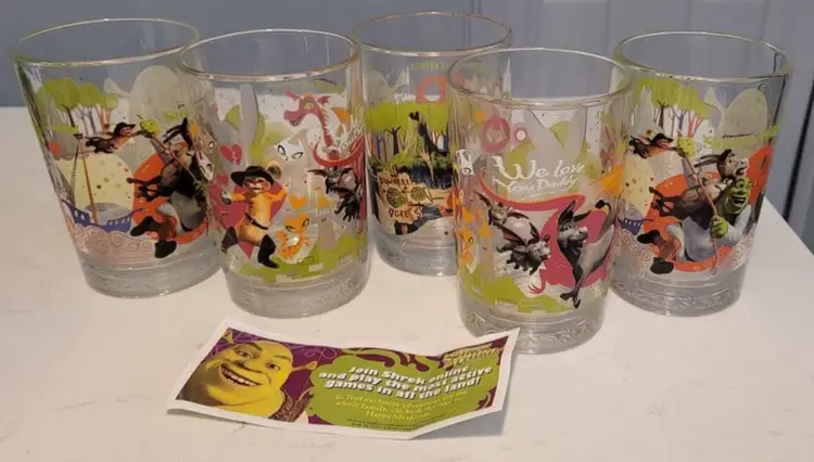 Shrek the Third Set of 5 drinking glasses 2007. McDonalds. Excellent Condition