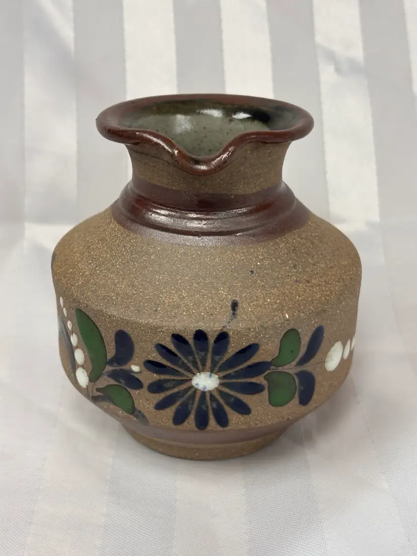 Vintage Art Pottery Flower Mexican Sand Texture Creamer Pitcher Folk Art, Signed