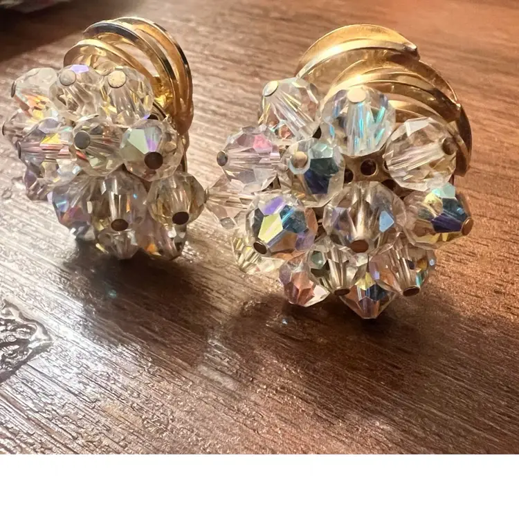 Vintage AB Aurora Borealis Cluster Round Clip Earrings Champagne Clear Crystals