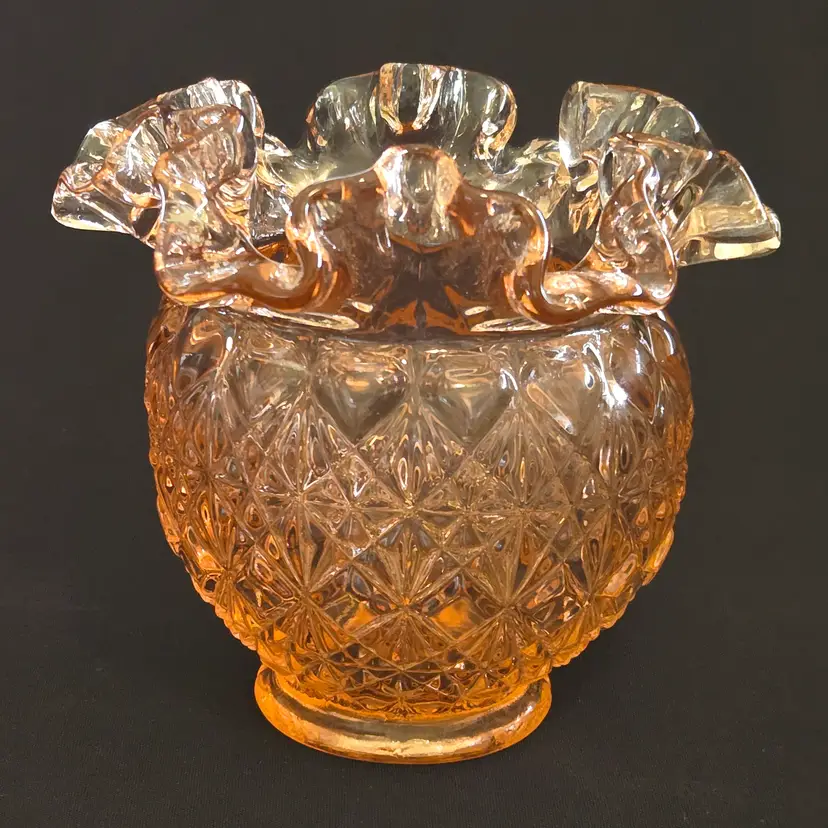 Fenton Glass Ruffled Bowl Pink Orange Diamond Pattern Vase 4½" Tall with Logo Vintage