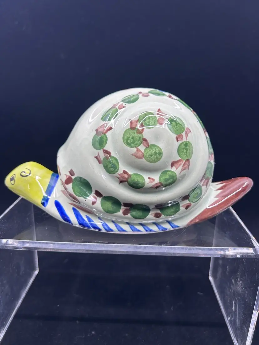 Tonala Pottery Snail Hand Crafted in Mexico Green Blue 7.5” Signed