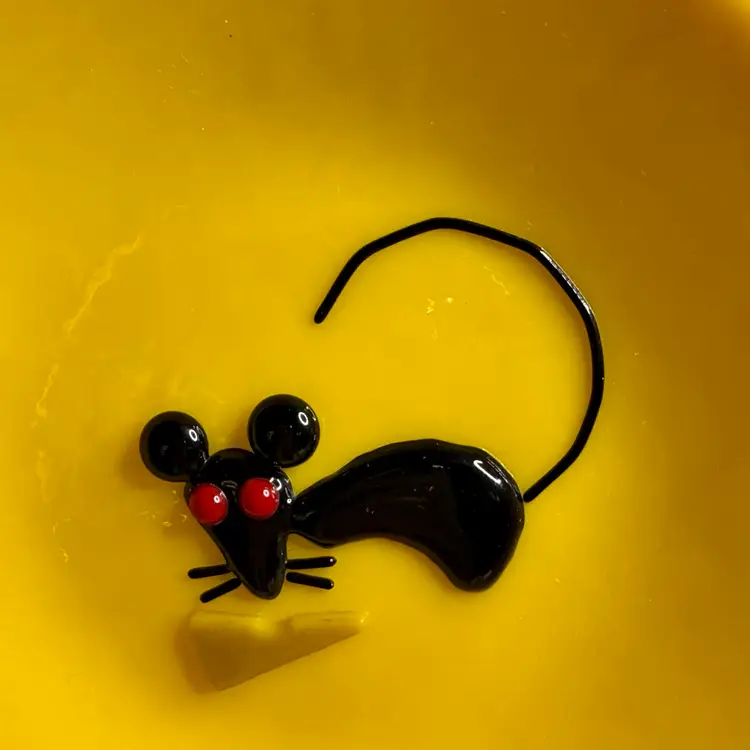 Pressed Glass Serving Bowl/Shelf Decor Bright Yellow With Mouse Eating Cheese Signed KL
1-3/4” T x 6-3/8” W