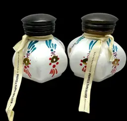 Vintage Anthropologie Pair Of Porcelain Inkwells Or Taper Candle Holders With Brass Lids