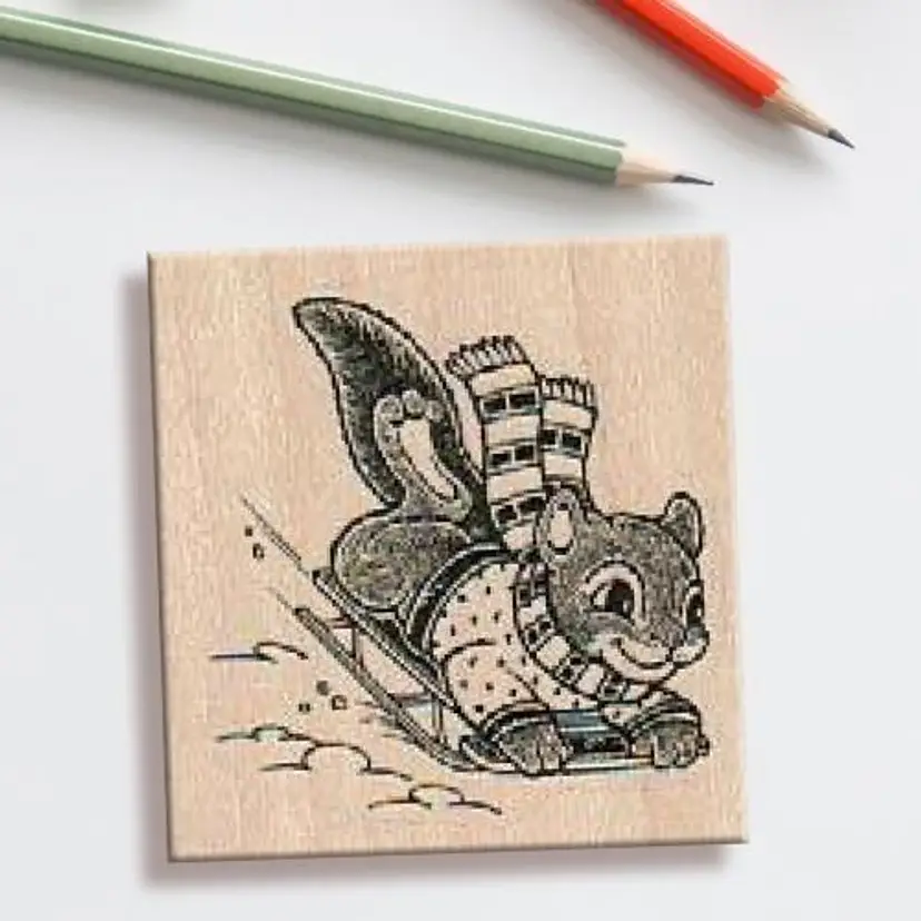 Snow Sledding Rubber Stamp