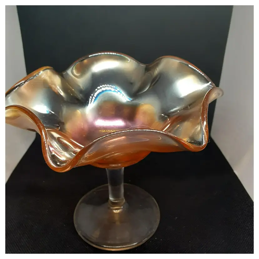 Round Footed Marigold Carnival Glass Candy Dish, 6 Ruffles