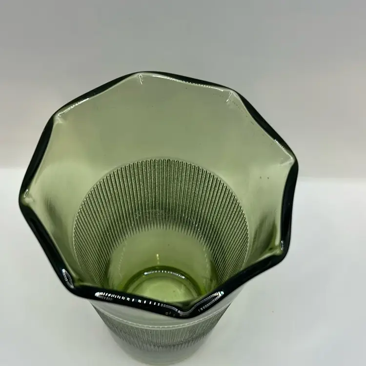 Continental Can Company 7" Hazel Atlas Green Glass Ruffle Top Ribbed Vase 60's