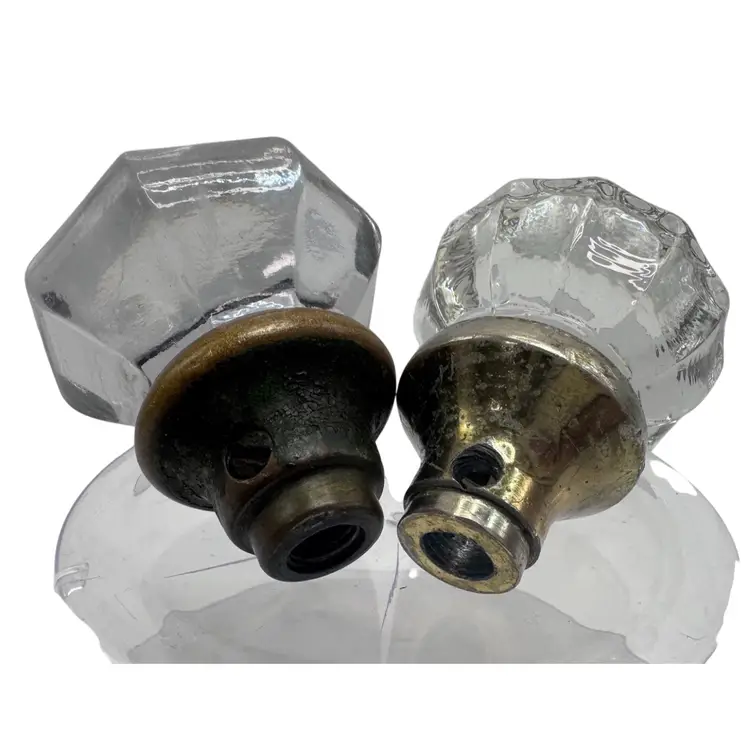 2 Vintage Clear Glass Brass Color Door Knobs
