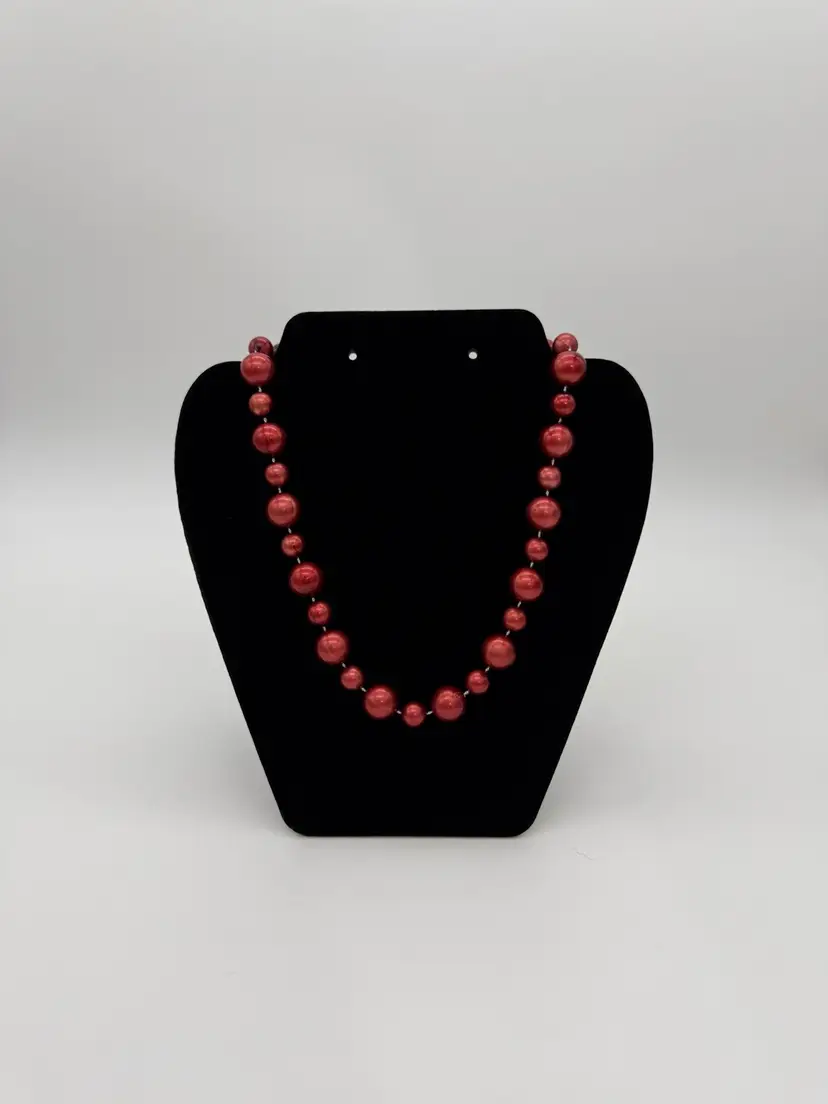 Burgundy Red Metallic Uniformed Faux Pearl Necklace Choker 17”