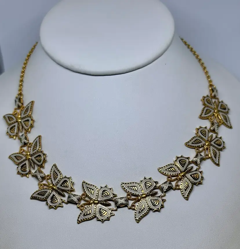 Vintage Spain Damascene Butterfly Necklace. Length 17 Inches. 24kt Gold Plated.