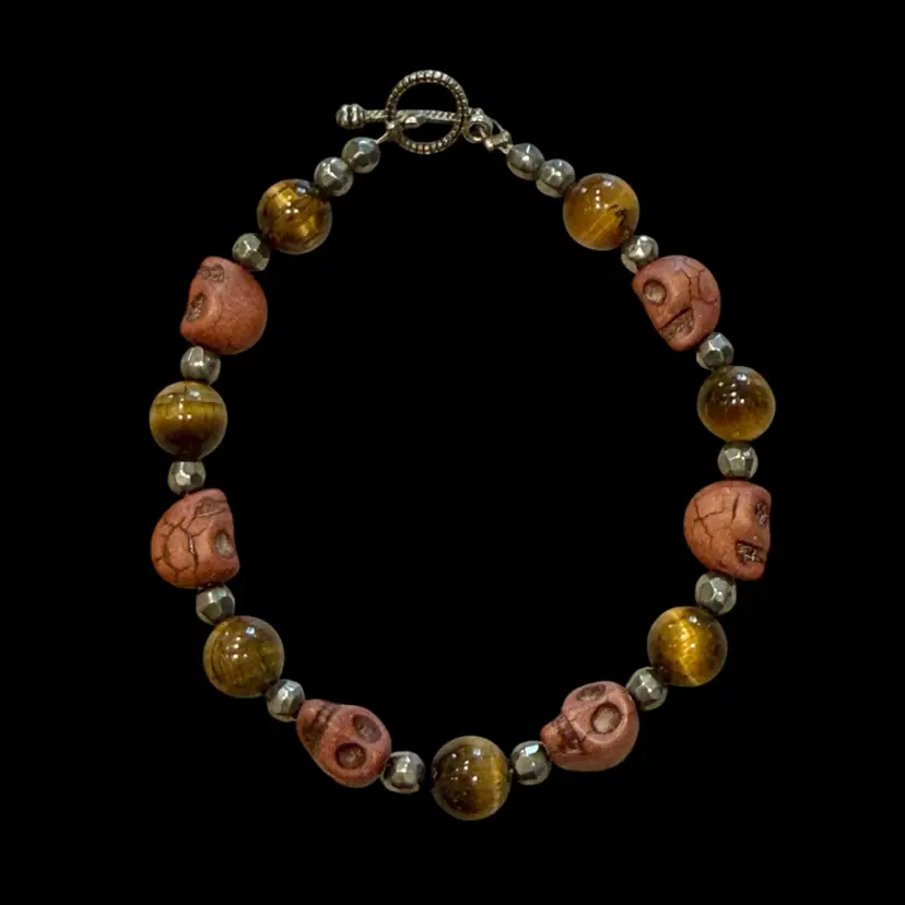 Handmade Genuine Tigers Eye & Stone Skull Bead Bracelet 7.5”