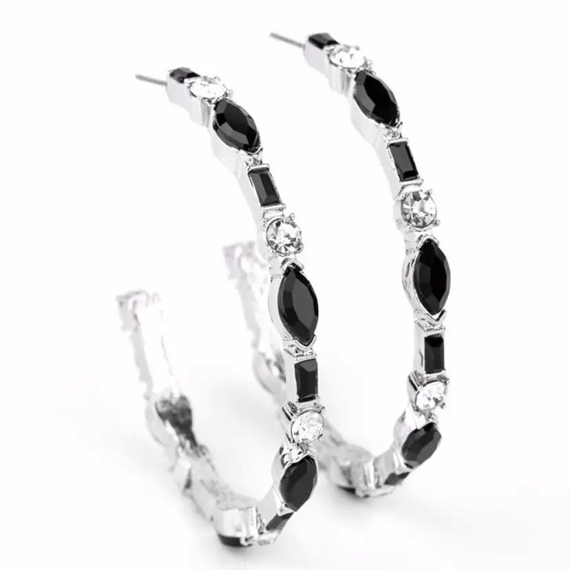 Black and Silver Gemstone Hoop Earrings