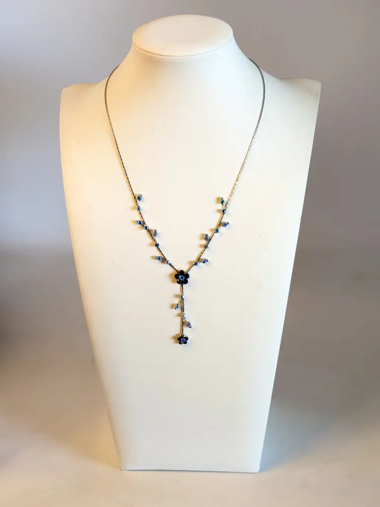 Silver Tone Blue Crystal Flower Drop Necklace