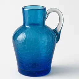 Miniature 4" Blue Hand Blown Crackle Art Glass Jug
