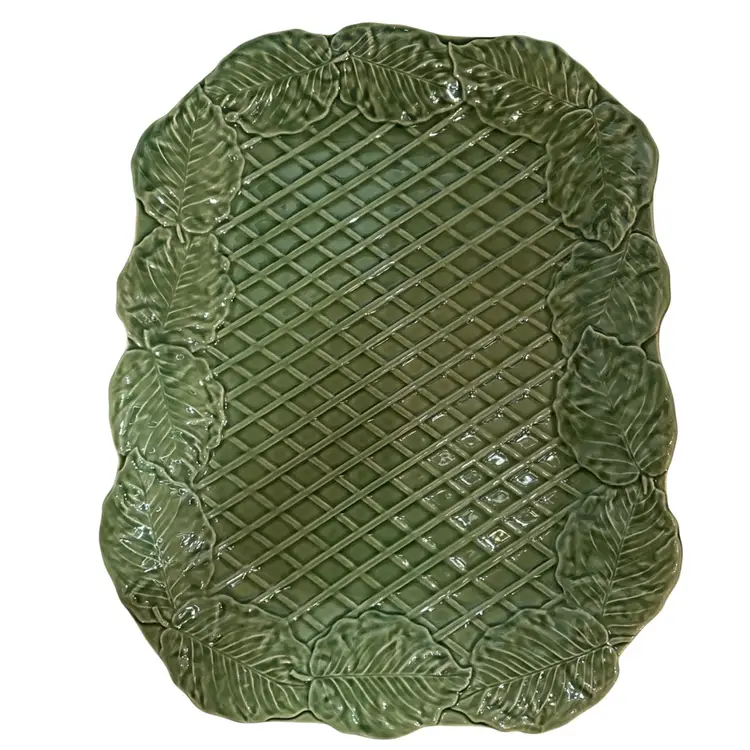 Bordallo Pinheiro Green Basket Leaf Tropical Platter XL 18.25” Mint Portugal