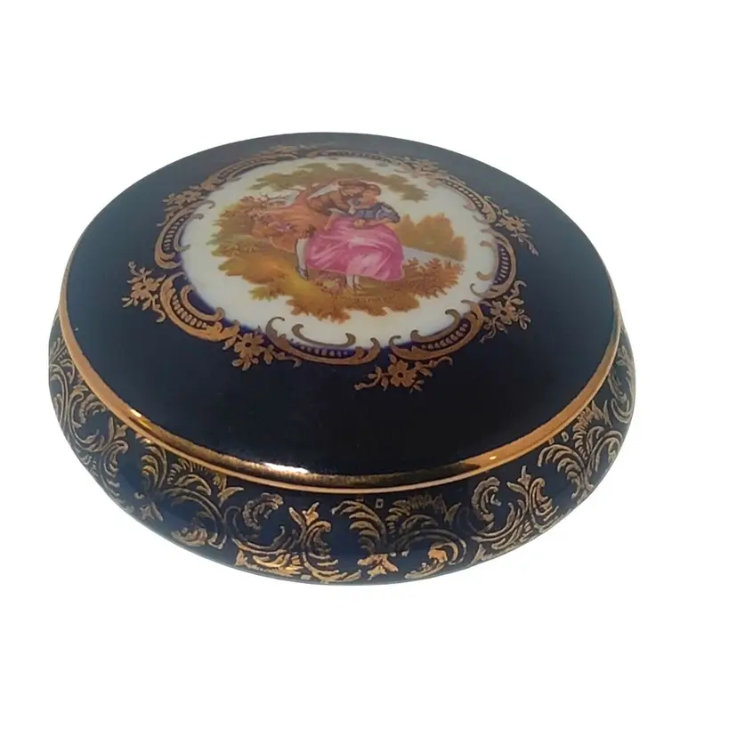 Vtg Imperia Limoges France Cobalt Blue 22K Gold Trinket Box W/ Courting Couple