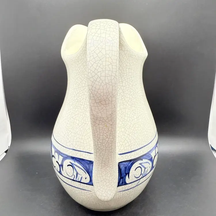 Vintage Dedham Pottery Potting Shed Large 64oz  Pitcher Blue Rabbit Bunny 9.5”