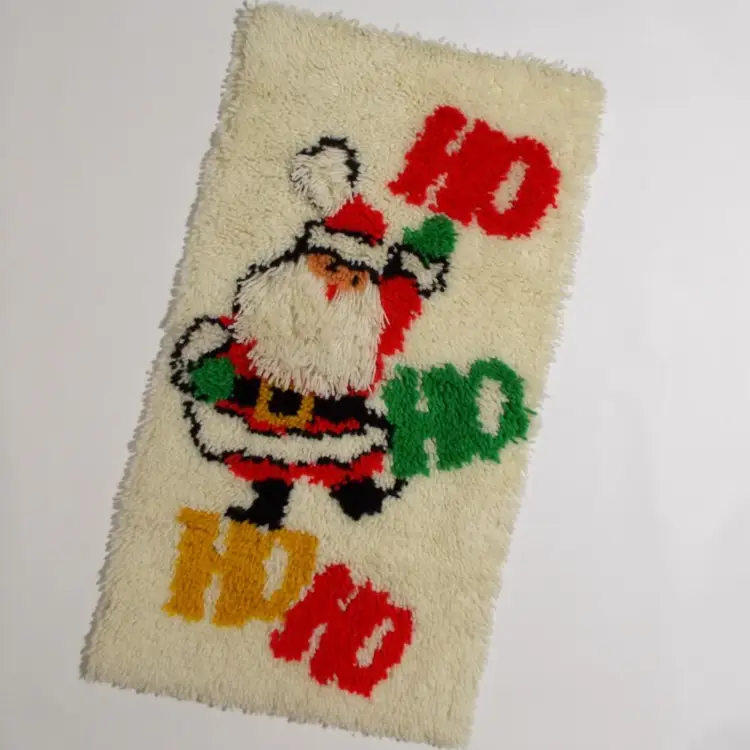 Santa Claus Rug Christmas Rug Latch Hook Rug Ho Ho Ho Vintage Handmade Finished Completed 17 x 30 Holiday Decor