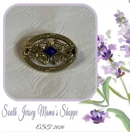 Vintage Gold Tone Victorian Like Oval Sash Brooch With Dark Blue Glass Center