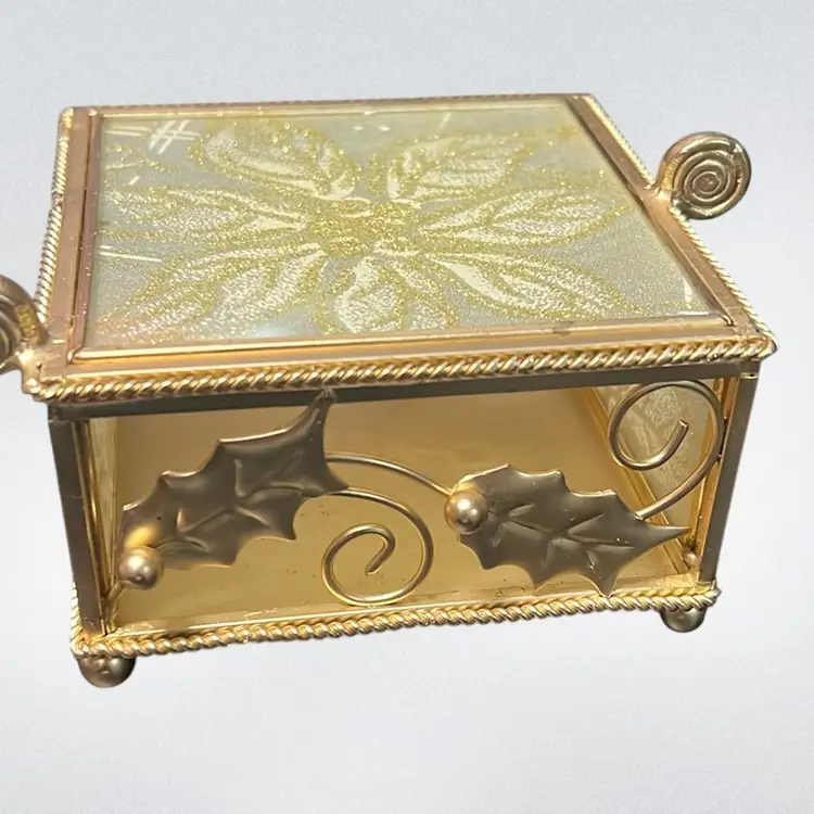 Brass And Glass Trinket Box With Gold Floral Details 2.5” Square, Hinged Lid. Great Christmas Gift Container/box