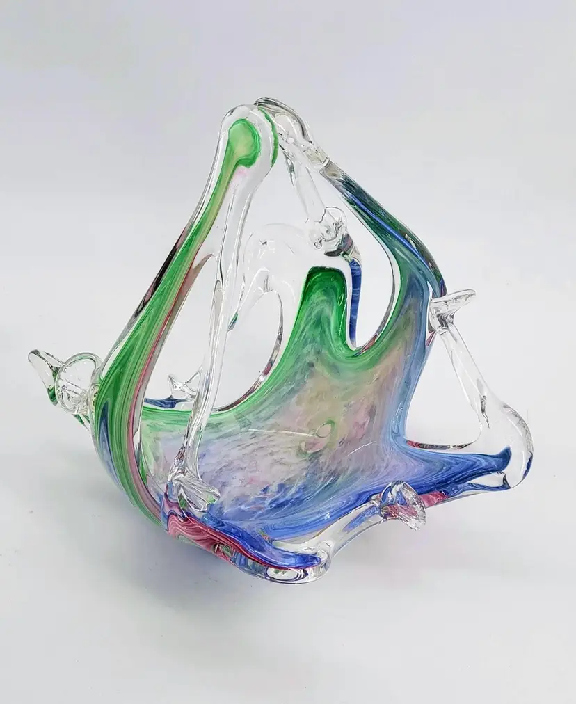 Art Glass Basket Stretched Pink Blue Green Bowl Candy Trinket Dish 8"