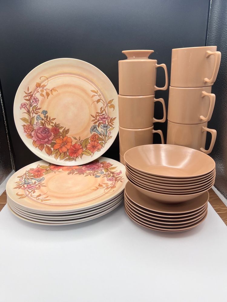 #1084B Vintage Set Of Brookpark Melmac/Melamine Dishes, Windsor Floral Pattern  
31 Pieces