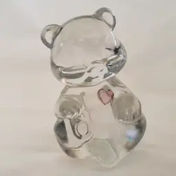 Art Glass Fenton Teddy Bear Clear with Amethyst Heart February Figurine Paperweight