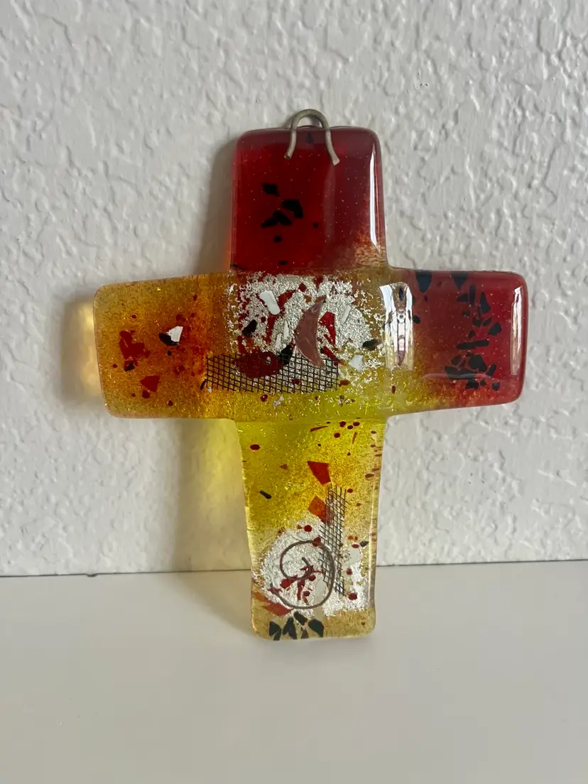 Fused Glass Cross Orange Yellow Christian