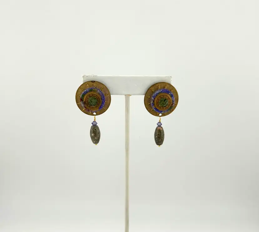 Upcycled Gold Tone Pierced Earrings With Stone Accent 2”