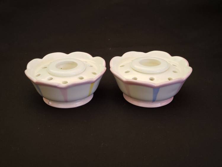 Flower Candleholders Holt Howard Ceramic Striped Pastel set of 2 with stickers