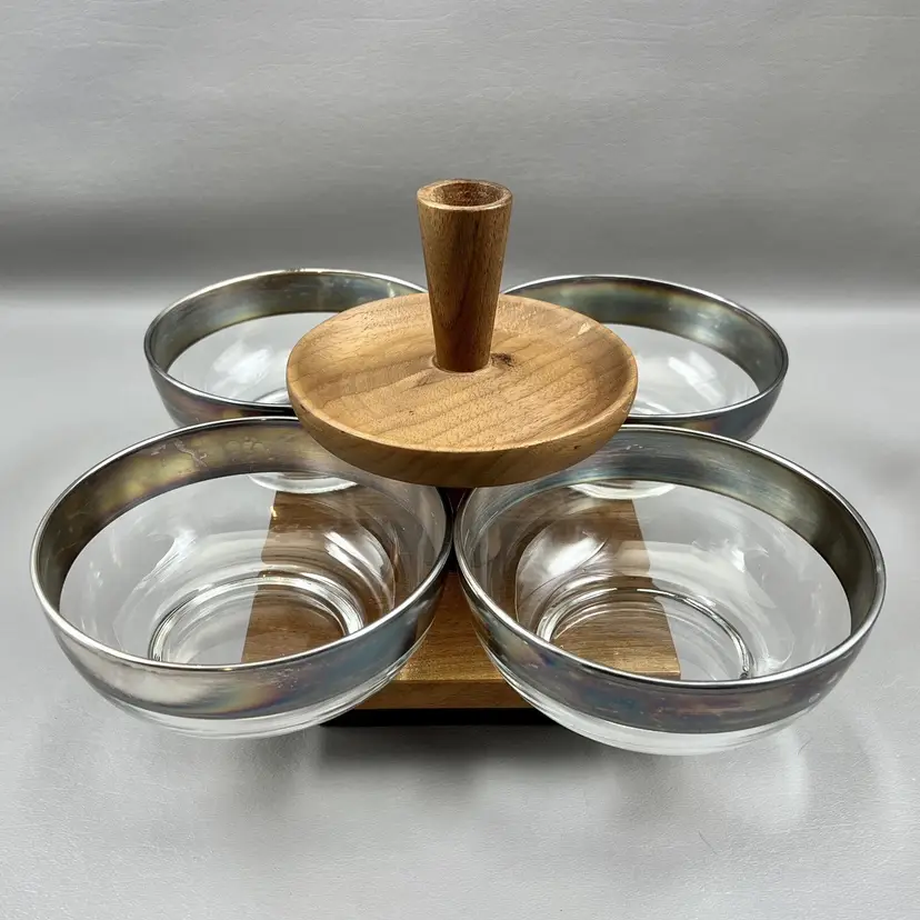 Vintage Dorothy Thorpe 4Pc Glass Bowl Set With Solid Walnut Revolving Lazy Susan Display MCM Mid-Century Modern