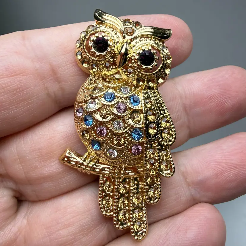 Vintage Signed Monet Multi Color Rhinestone Owl on Branch Brooch Pin Gold Tone