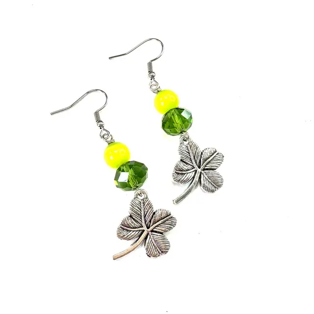 St. Patrick’s Day Lucky Four Leaf Clover Earrings Silver Tone 2” Made By Me