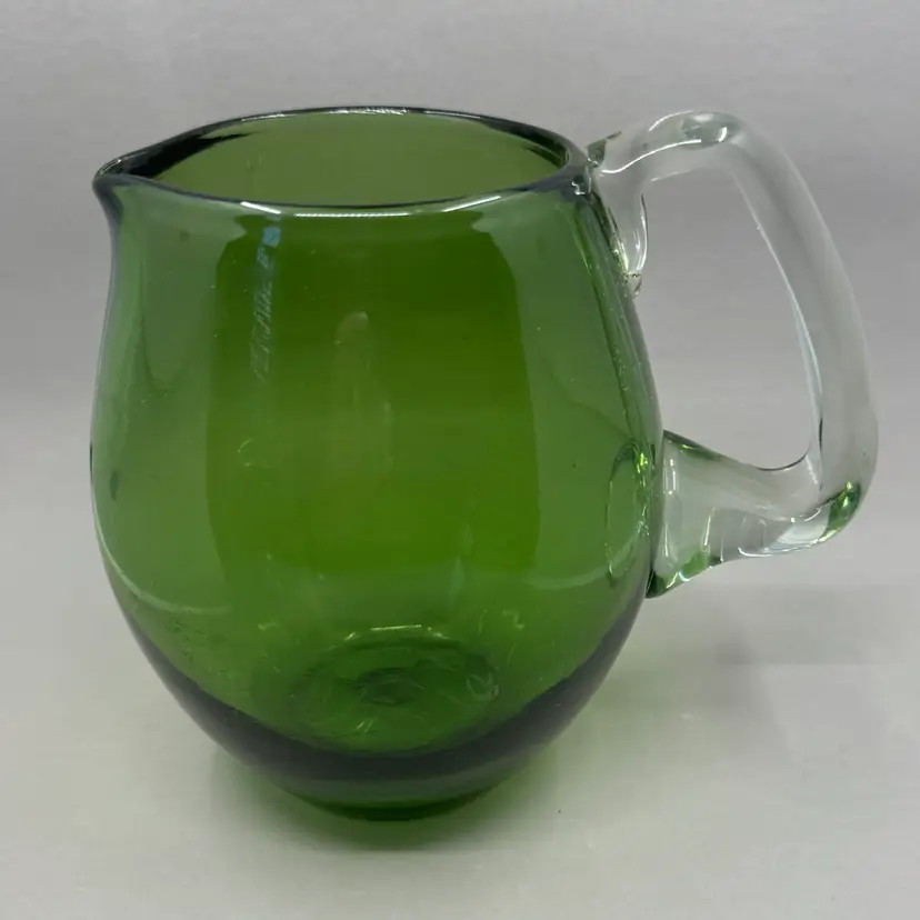 Green Glass Pitcher With Applied Clear Handle