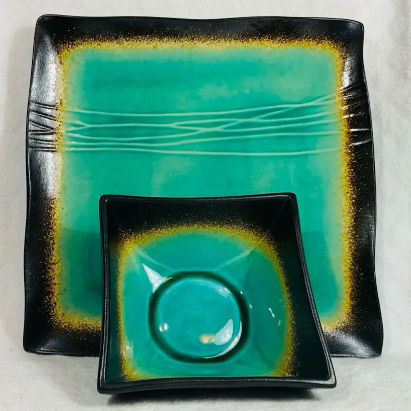 Stoneware Pottery Style Eyes Galaxy Turquoise Sea-foam Green And Gold On Black Plate Dish Tray Square Home Decor Set 1